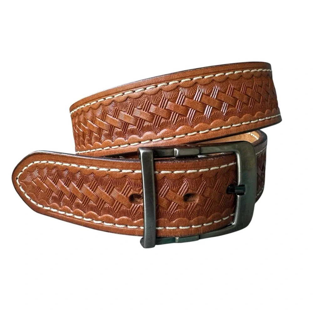 Vintage Hellweg Ranch Western Belt Men's 35-39 Inch Genuine Leather Brown Buckle